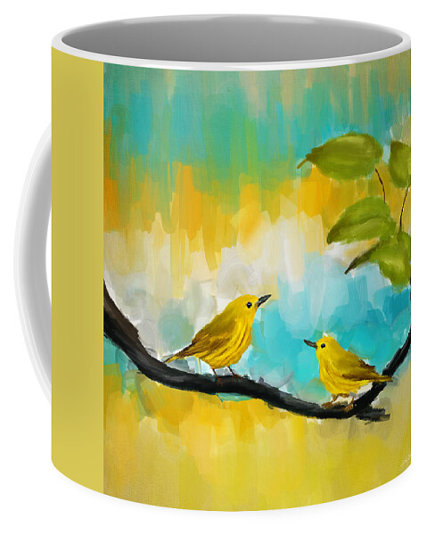 Yellow Coffee Mug featuring the painting Companionship by Lourry Legarde