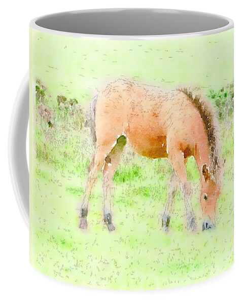 Young Foal Exmoor Pony Somerset Grazing Coffee Mug featuring the painting Content by Vix Edwards