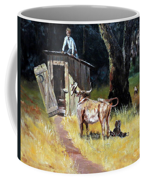 Cowboy Coffee Mug featuring the painting Cowboy On The Outhouse by Lee Piper