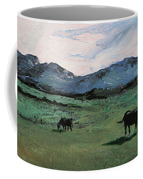 Meadow Coffee Mug featuring the painting Cows In the Meadow by Masha Batkova