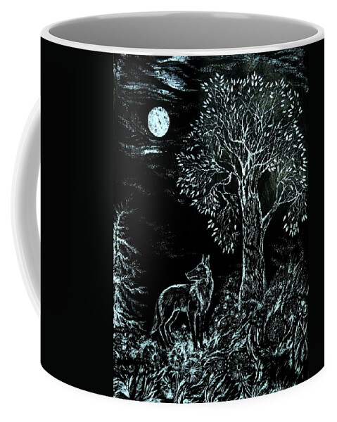 Black And White Coffee Mug featuring the drawing Coyote Night by Anna Duyunova