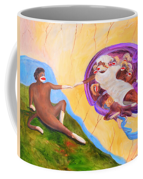Sock Monkey Coffee Mug featuring the painting Creation of a Sock Monkey by Rand Burns