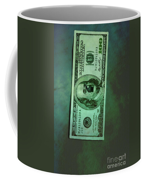 Money; Bill; Us; United States; United States Of America; America; 100; Dollars; Currency; Wealth; Rich; Bullet; Hole; Broke; Broken; Bankrupt; Bankruptcy; Crime; Thriller; Mystery; Mysterious; Ominous; Foreboding; Green; Greenback; Dark; Darkness; Hundred; Damaged; Destroyed; Rip; Ripped Coffee Mug featuring the photograph Crime by Margie Hurwich