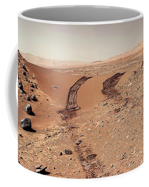 Curiosity Mars Rover Coffee Mug featuring the photograph Curiosity tracks under the sun in mars by Weston Westmoreland