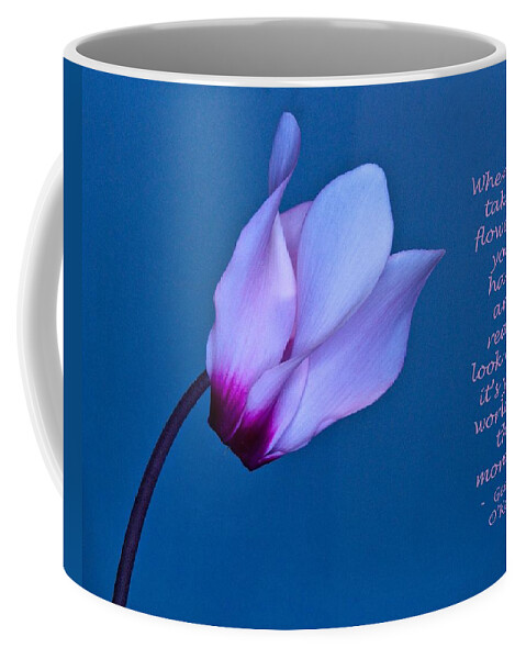 Flower Coffee Mug featuring the photograph Cyclamen on Blue with O Keefe Quote by Phyllis Meinke