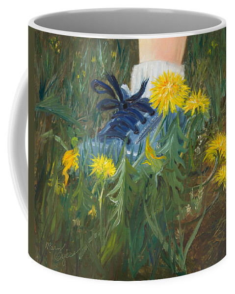 Dandelions Coffee Mug featuring the painting Dandelion Dance by Mary Beglau Wykes