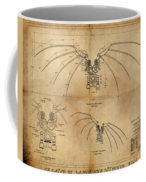Steampunk; Gears; Housing; Cogs; Machinery; Lathe; Columns; Brass; Copper; Gold; Ratio; Rotation; Elegant; Forge; Industry Coffee Mug featuring the painting DaVinci's Wings by James Christopher Hill