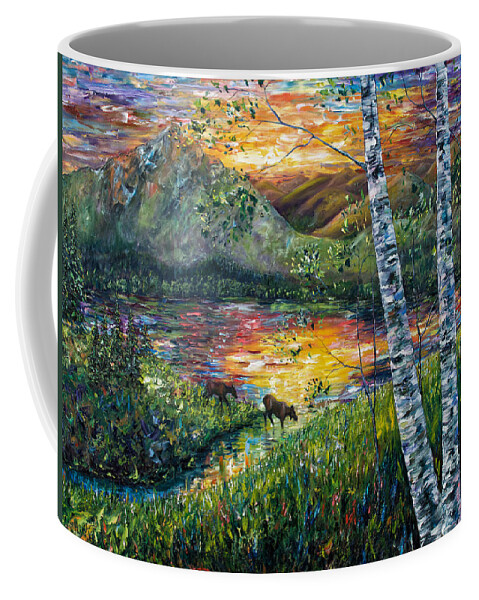 Palette Knife Art Coffee Mug featuring the painting Dawn's early light by Lena Owens - OLena Art Vibrant Palette Knife and Graphic Design