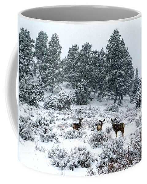 Deer Coffee Mug featuring the photograph Deer in a Snow Storm by Tranquil Light Photography