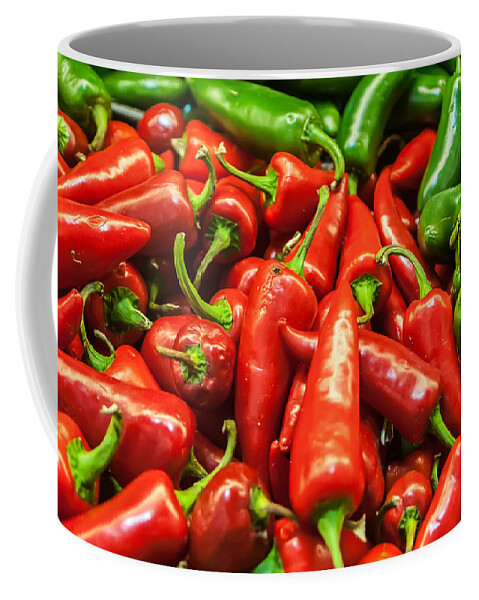 Bunch Coffee Mug featuring the photograph Delicious fresh green and red chili fruit on display at supermar by Alex Grichenko