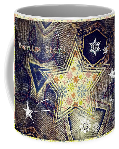 Denim Coffee Mug featuring the mixed media Denim Stars by Joan-Violet Stretch