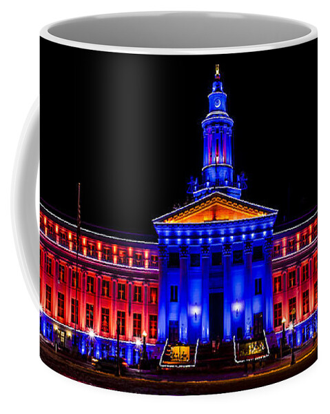 Blue Coffee Mug featuring the photograph Denver City and Country Building in Bronco Blue and Orange by Teri Virbickis