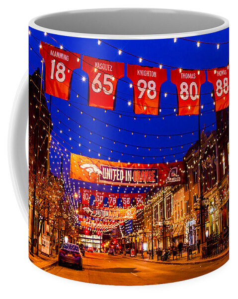 Blue Coffee Mug featuring the photograph Denver Larimer Square Blue Hour NFL United in Orange by Teri Virbickis