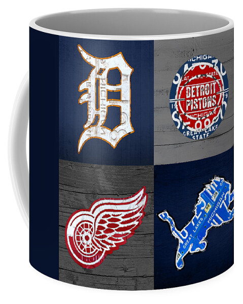 Detroit Coffee Mug featuring the mixed media Detroit Sports Fan Recycled Vintage Michigan License Plate Art Tigers Pistons Red Wings Lions by Design Turnpike