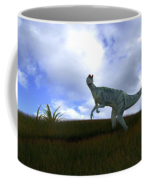 Dinosaur Coffee Mug featuring the digital art Dilophosaurus In A Grassy Field by Kostyantyn Ivanyshen