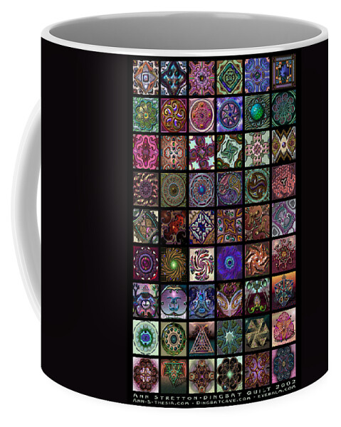 A Quilt And Collection Of 54 dingbat Images. These Are Fonts That I Sell At The Dingbatcave (dingbatcave.com). Each Little Quilt Square Is A Work Of Art In Itself Featuring One letter Or Icon From One Of My Many Fonts. Coffee Mug featuring the digital art Dingbat Quilt by Ann Stretton