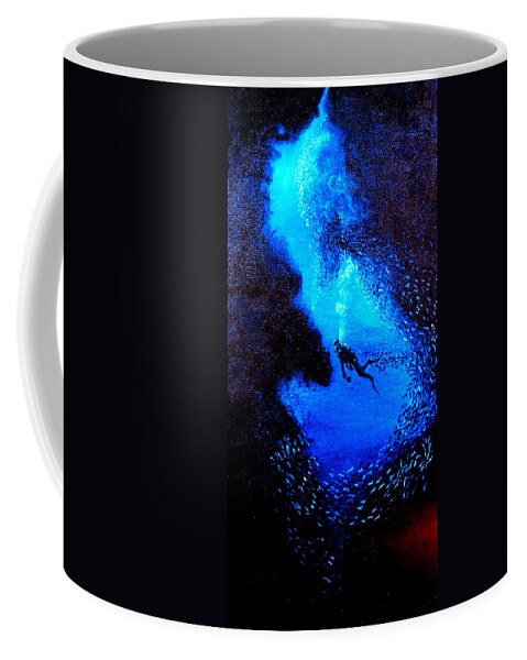 Atlantic Ocean Coffee Mug featuring the painting Diver in a cave with glass fish by Mackenzie Moulton