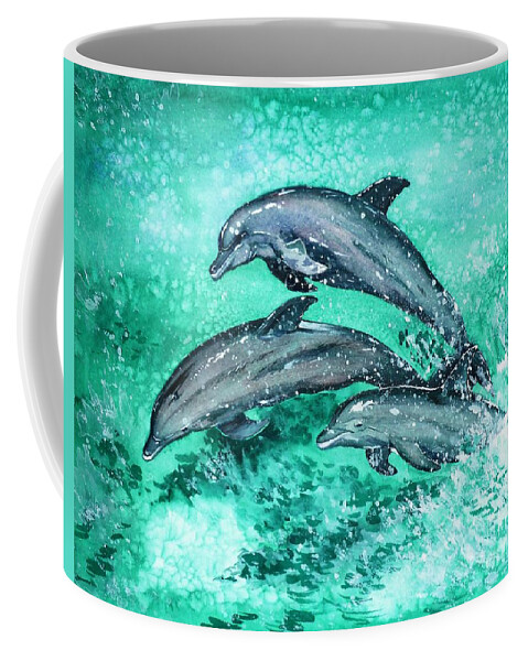 Dolphins Coffee Mug featuring the painting Dolphins by Zaira Dzhaubaeva