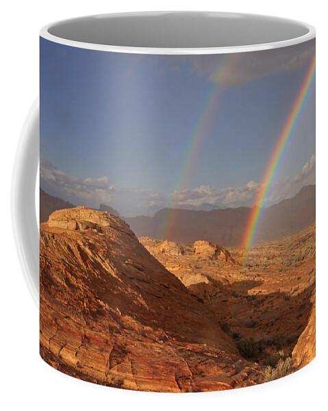 Rainbow Coffee Mug featuring the photograph Double Rainbow At The Valley Of Fire by Steve Wolfe