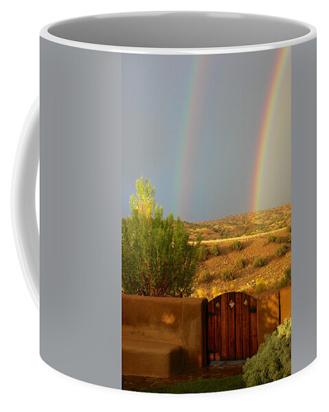 Landscapes Coffee Mug featuring the photograph Double Rainbow Beyond the Gate by Mary Lee Dereske