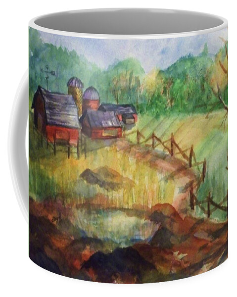 Barn Coffee Mug featuring the painting Down the Road a Piece by Ellen Levinson