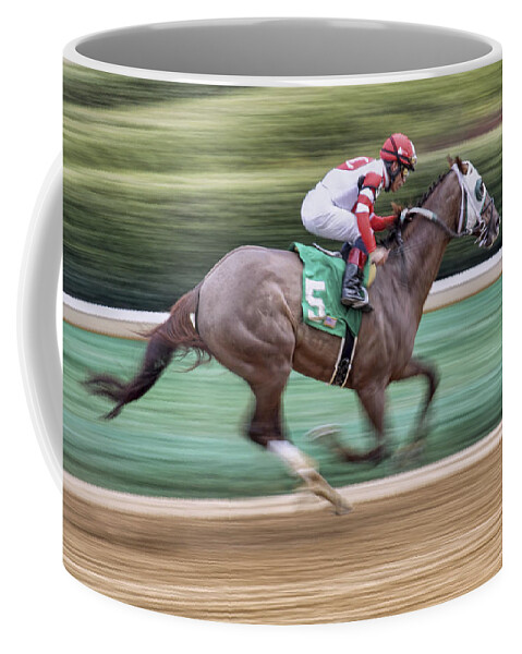 Horse Racing Coffee Mug featuring the photograph Down the Stretch - Horse Racing - Jockey by Jason Politte