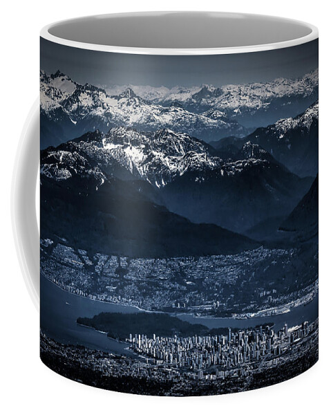 Architecture Coffee Mug featuring the photograph Downtown Vancouver and the mountains aerial view low key by Eti Reid