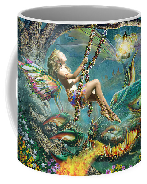 Adrian Chesterman Coffee Mug featuring the digital art Dragon and Fairy Swing by MGL Meiklejohn Graphics Licensing
