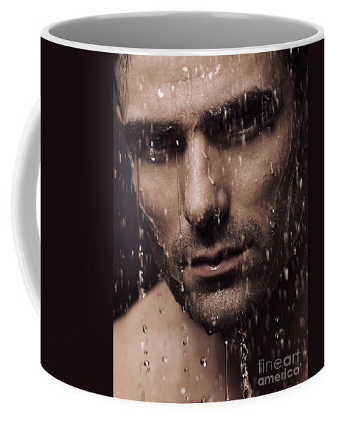 Dramatic portrait of man face with water pouring over it Coffee