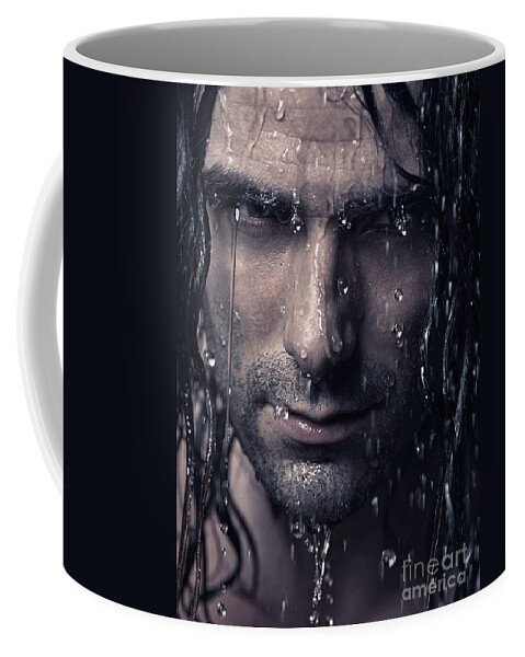 Man Coffee Mug featuring the photograph Dramatic portrait of man wet face with long hair by Maxim Images Exquisite Prints