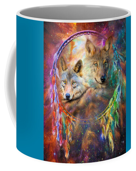 Carol Cavalaris Coffee Mug featuring the mixed media Dream Catcher - Wolf Spirits by Carol Cavalaris