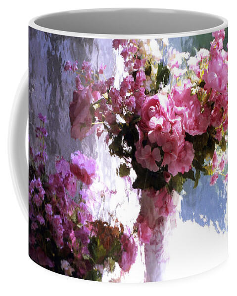 Paris Coffee Mug featuring the digital art Dreamy Cottage Chic Impressionistic FLowers - Pink Roses Pink Vases by Kathy Fornal
