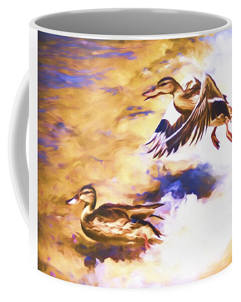 Mallard Coffee Mug featuring the mixed media Ducks Landing by Priya Ghose