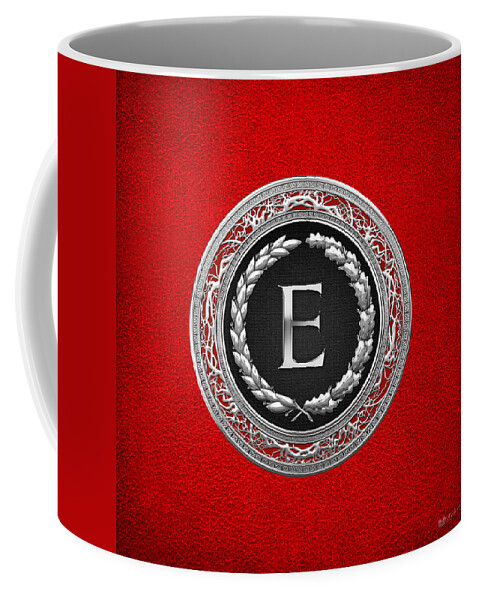 C7 Vintage Monograms 3d Coffee Mug featuring the digital art E - Silver Vintage Monogram on Red Leather by Serge Averbukh