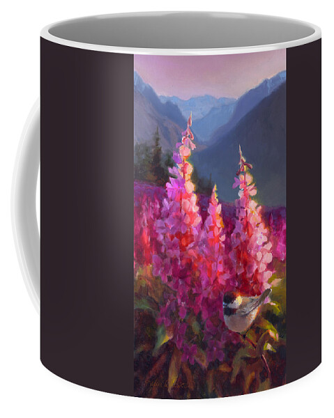 Alaska Art Coffee Mug featuring the painting Eagle River Summer Chickadee and Fireweed Alaskan Landscape by K Whitworth