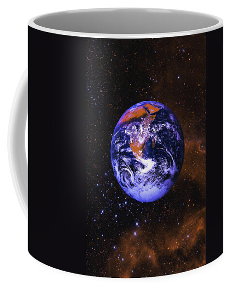 Beginning Coffee Mug featuring the photograph Earth In Space With Gaseous Nebula And by Don Hammond