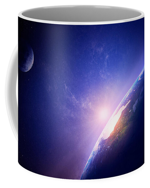 Earth Coffee Mug featuring the photograph Earth sunrise in foggy space by Johan Swanepoel
