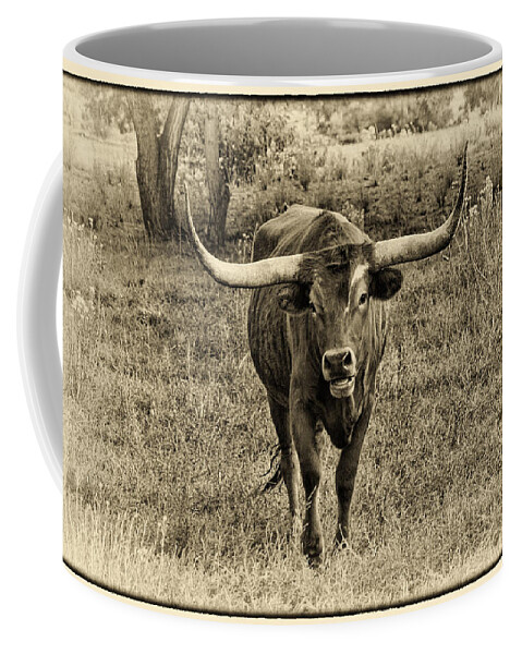 Longhorn Cattle Coffee Mug featuring the photograph Eat Leaf Not Beef Sepia by Priscilla Burgers