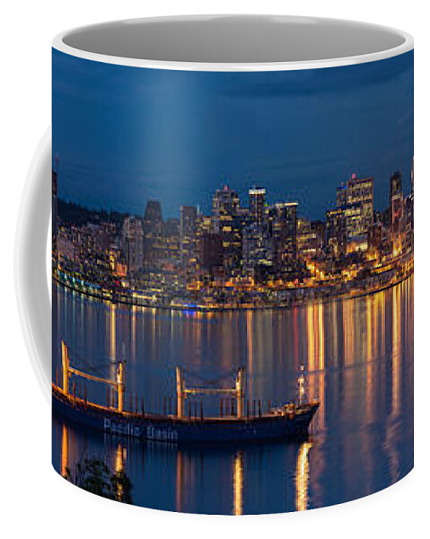 Seattle Coffee Mug featuring the photograph Elliott Bay Seattle Skyline Night Reflections by Mike Reid