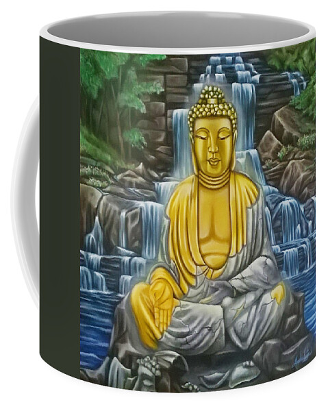 Buddah Coffee Mug featuring the painting Enlightened by Ruben Archuleta - Art Gallery