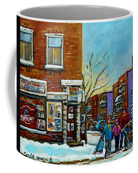 Montreal Coffee Mug featuring the painting Epicerie Depanneur Beaulieu Montreal by Carole Spandau