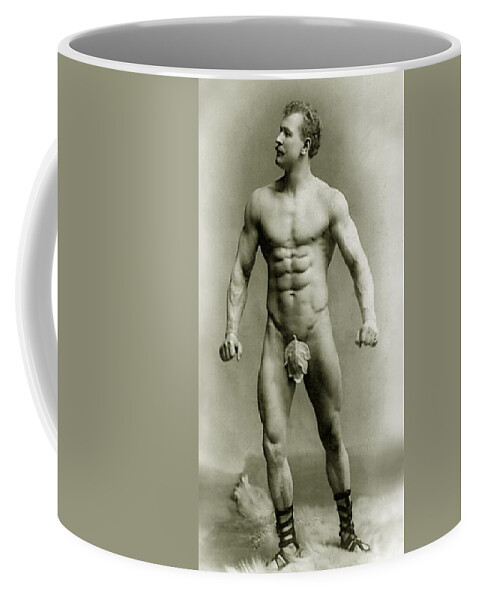 Eugen Sandow; Pioneer; Pioneering; Physique; Competitor; Star; Competition; Building; Pose; Posing; Model; Moustache; German; Ziegfeld Follies; Follies; Ideal; Standard; Modelling; Buskin; Buskins; Body Builder Coffee Mug featuring the photograph Eugen Sandow in classical ancient Greco Roman pose by American Photographer
