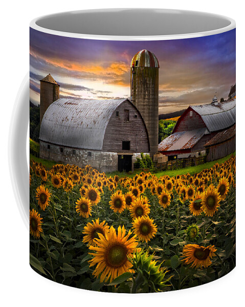 Barn Coffee Mug featuring the photograph Evening Sunflowers by Debra and Dave Vanderlaan
