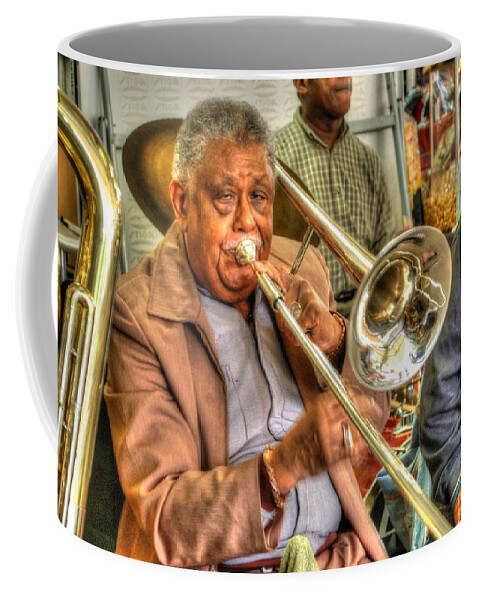 Mobile Coffee Mug featuring the digital art Excelsior Band Horn Player by Michael Thomas