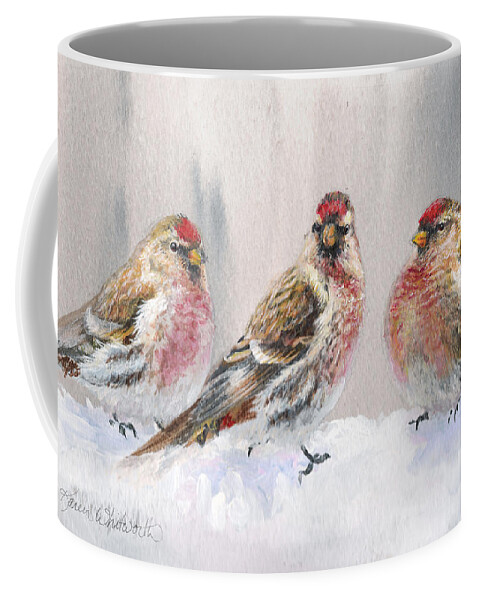 Bird Art Coffee Mug featuring the painting Snowy Birds - Eyeing The Feeder 2 Alaskan Redpolls In Winter Scene by K Whitworth