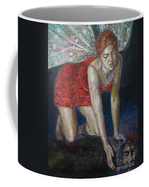 Raija Merila Coffee Mug featuring the painting Fairy Faces Bugaboo by Raija Merila