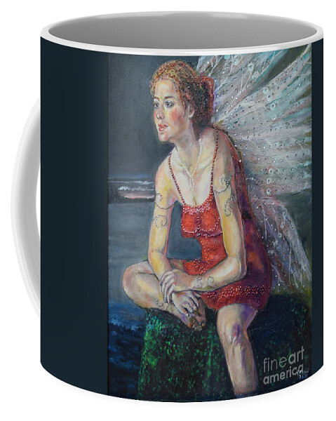 Raija Merila Coffee Mug featuring the painting Fairy on a Stone by Raija Merila