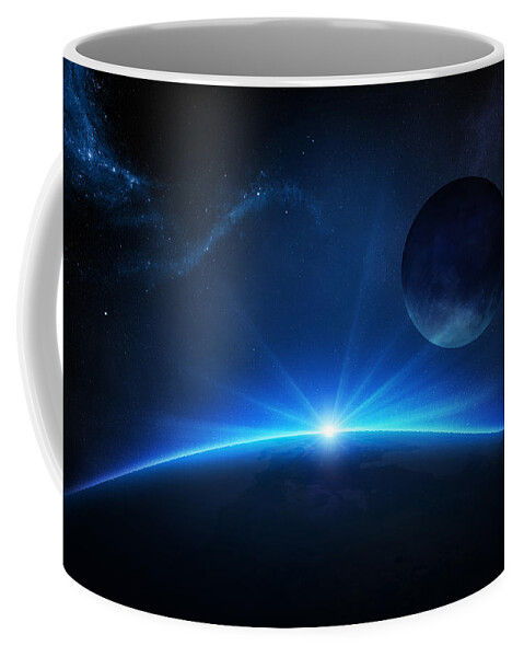 Earth Coffee Mug featuring the photograph Fantasy Earth and Moon with sunrise by Johan Swanepoel