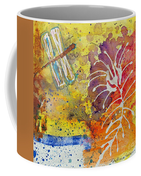 Feather Coffee Mug featuring the painting Feather and Dragonfly by Robin Pedrero