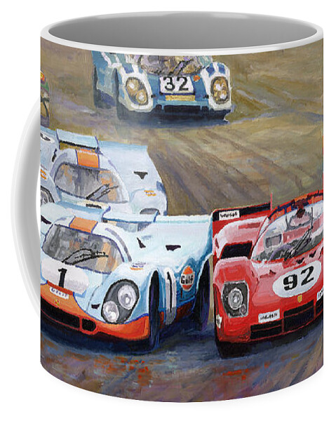 Acrilic On Canvas Coffee Mug featuring the painting Ferrari vs Porsche 1970 Watkins Glen 6 Hours by Yuriy Shevchuk